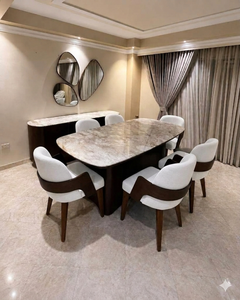 Mesa de Comedor Ovalada Moderna de Mármol con Patas de Madera de Teca y 6 Sillas Tapizadas, Diseño de Mediados de Siglo para Muebles de Hogar Contemporáneos - Product Image 1
