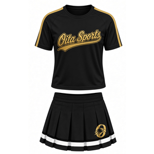 Ensemble uniforme de cheerleading noir et or, haut à manches courtes, jupe plissée, tenue d'équipe athlétique, vêtements de sport pour la performance, la pratique et la compétition - Product Image 1