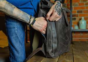 Genuine Leather Roll Top Backpack Mens Weekender Travel Bag Cowhide Laptop Rucksack <b>Padded</b> Tech Protection LTBP-0109 - Product Image 4