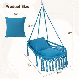"Navy Boho Macrame Hammock Swing <b>Chair</b> 330LBS Capacity Indoor/Outdoor 2 <b>Padded</b> Cushions for Patio or Bedroom" - Product Image 3