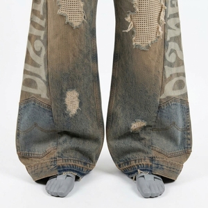 <b>Men's</b> <b>High</b> <b>Waist</b> Wide Leg Distressed Denim <b>Jeans</b> With Letter Print Loose Fit Streetwear Style - Product Image 5