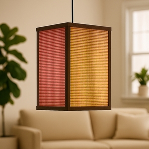 Lampe suspendue rectangulaire en bambou, éco-responsable, minimaliste, décoration d'intérieur, éclairage fait main, diffusion douce et chaude, naturelle - Product Image 3