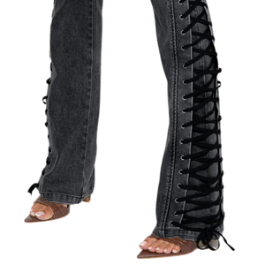 Jeans de Mezclilla Negros de Cintura Alta para Mujer, con Detalle de Encaje Lateral, Corte Ajustado, Pierna Recta, Pantalones Casuales de Moda, Largos, Estilo Urbano, Talla XS - Product Image 5
