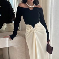 Robe longue élégante noire et ivoire pour femme, à manches longues, épaules dénudées, ornée de perles, taille froncée, pour soirée formelle