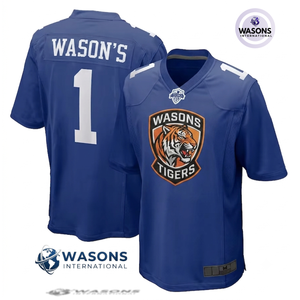 เสื้อฟุตบอลอเมริกันสีแดงสำหรับผู้ชาย WASONS INTERNATIONAL คอวี พิมพ์ลายแบบ Sublimated ระบายเหงื่อได้ดี แขนสั้น ทรงพอดีตัว - Product Image 3