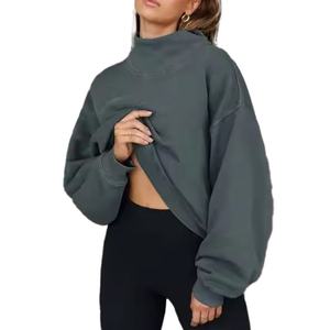 Sweat-shirt à col roulé oversize pour femme, 100% coton tricoté, épaules tombantes, noir uni, respirant, pour l'automne - Product Image 4