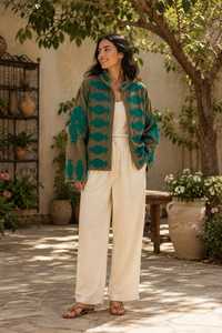 Hand Embroidered <b>Velvet</b> Suzani <b>Jacket</b> with Teal Floral Pattern Crew Neck Pullover Closure Boho Style Autumn Outerwear - Product Image 2