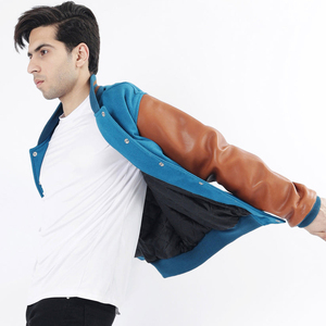 Veste de sport en laine bleue pour homme avec manches en cuir marron, col rabattu, vêtement décontracté pour l'automne - Product Image 5