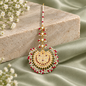 Gold Plated Red Beaded Kundan Style Maang Tikka with Faux Pearls <b>Pakistani</b> Bridal Hair <b>Jewelry</b> Wholesale Manufacturer - Product Image 1