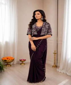 Sari en soie élégant avec chemisier brodé pour femme, tenue ethnique de mariage, prêt-à-porter, longueur ras du sol, coupe classique 82846 BB-59 - Product Image 1