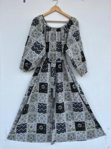 Robe longue maxi en coton imprimé patchwork pour femme, manches longues, ceinture à la taille, coupe trapèze, style bohème floral, décontractée, respirante, idéale pour l'été - Product Image 1