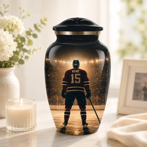 Custom Metal Cremation Urn Adult Ashes <b>Memorial</b> <b>Keepsake</b> Vase with Personalized Hockey Theme - Product Image 4