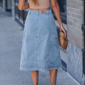 Women's Denim Skirt A-Line Maxi High Waist Stonewashed Cotton Casual Summer Skirt with Ruffles Loose Fit Solid Color - Product Image 2