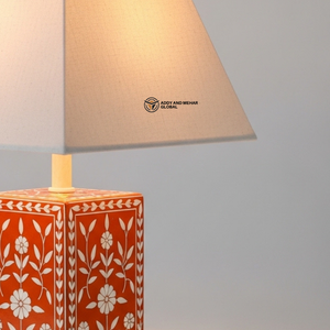 Orange Bone Inlay <b>Bedside</b> Lamp | Elegant Round Base <b>Table</b> Lamp with Neutral Shade - Product Image 3