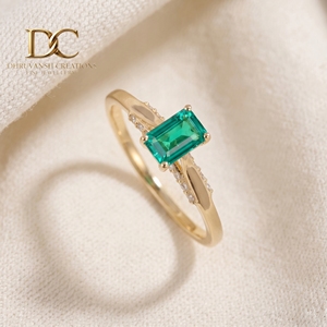 Anillo de Oro Amarillo Sólido de 14 Quilates con Diamante Cultivado en Laboratorio y Esmeralda Colombiana, Joyería Fina Personalizada, Regalo de Compromiso o Aniversario para Mujer - Product Image 2