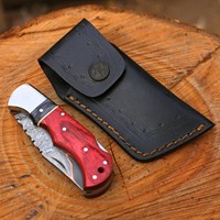 Cuchillo Plegable Utilitario de Acero Damasco y Cobre con Bloqueo Trasero, Funda de Madera Pakka, Personalizado Cu Mai, Grado Industrial, de Bolsillo, EDC, para Caza