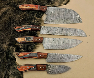 Juego de Cuchillos de Chef de Acero de Damasco de Alta Calidad, 5 Piezas, Personalizables OEM/ODM, con Hojas de Punta Caída y Borde Biselado, Mangos de Madera - Product Image 3