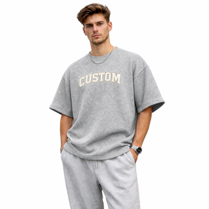 Nouveau design, logo personnalisé, t-shirt en coton texturé à col rond, coupe ample, style streetwear, t-shirt décontracté pour homme, t-shirt uni tendance - Product Image 1