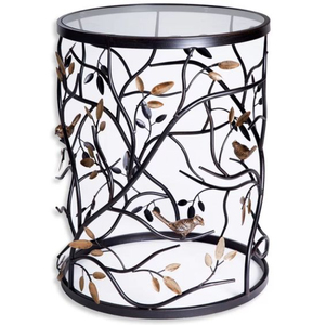 Tables basses de luxe en métal robuste de couleur noire, avec cadre orné d'oiseaux et de feuilles dorés et plateau miroir. - Product Image 1