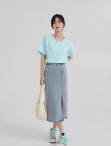 Jupe courte en jean urbaine pour femme, coupe classique, décontractée, basique, en denim, longueur genou, avec ceinture, vente en gros - Product Image 3