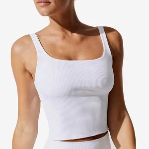 Women Ribbed <b>Tank</b> <b>Top</b> <b>Square</b> <b>Neck</b> Crop Cami Slim Fit Yoga Sport Bra Built In Padded Workout Vest Wholesale - Product Image 1