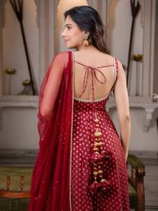 Ensemble Anarkali rouge en georgette avec pantalon et dupatta en tulle pour mariage et festivals - Product Image 2