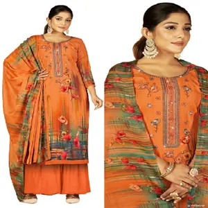 Conjunto de ropa de estilo étnico indio, conjunto de Top Palazzo y Dupatta con bordado pesado, trabajo, estampado y bordado - Product Image 1