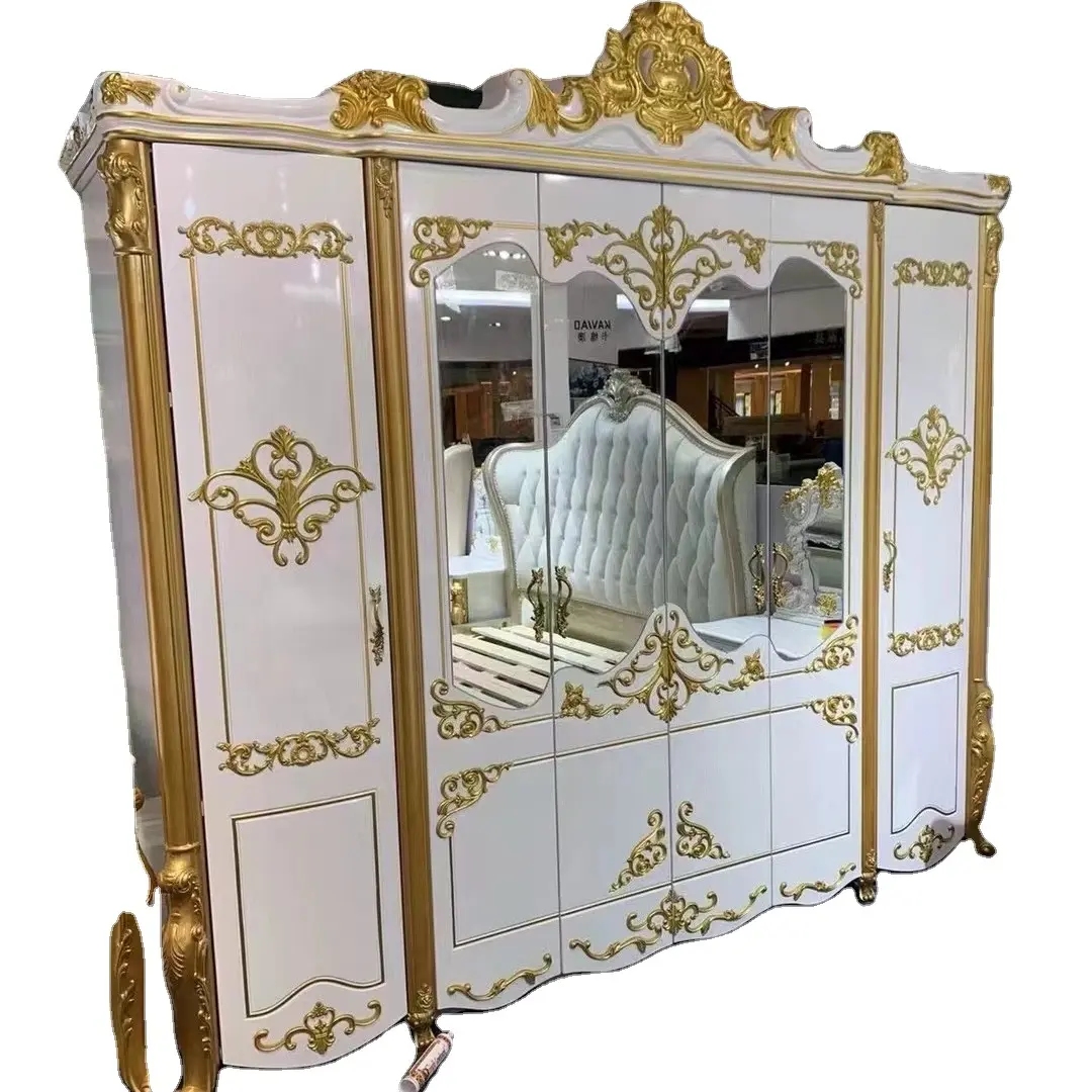 Armário de luxo com 6 portas, guarda-roupa esculpido clássico italiano, mobília dourada, mobília antiga europeia para sala de estar