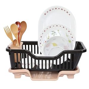 Escurridor de Platos 3 en 1, Cesta para Utensilios de Plástico Resistente con Soporte para Cucharas y Bandeja Escurridora Extraíble |   Marrón Irrompible - Product Image 6