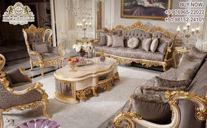 Conjunto de sofá tallado de estilo italiano para sala de estar, juego de 5 asientos de lujo, oro real, tallado dorado antiguo - Product Image 2