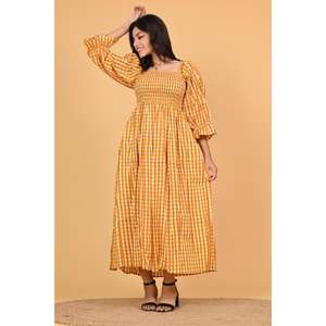 Vestido Maxi de Algodón a Cuadros Amarillos para Mujer, Vestido Largo Bohemio con Volantes, Vestido para Fiesta de Verano - Product Image 3