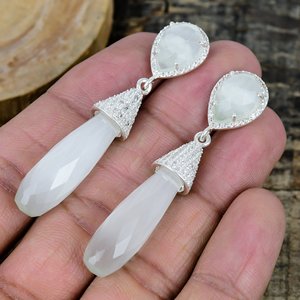 Natural White Monalisa Quartz Drop With Pear Shape Gemstone <b>Handmade</b> Stud <b>Earrings</b> 925 Sterling Silver - Product Image 3