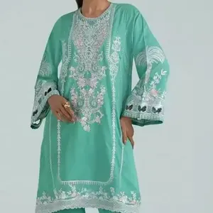 Nieuw Binnen Sap Groen Rayon Bloemen Geborduurde Kurta Set Met Pailletten Co-Ord Set Semi-Gestikte Rechte Jurk Voor Dames