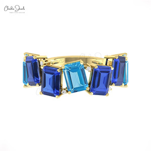 Anillo de media eternidad con topacio azul suizo y tanzanita de corte octogonal de 7x5 mm, en oro fino de 14k, anillo de cóctel con diamantes, de proveedores verificados - Product Image 1