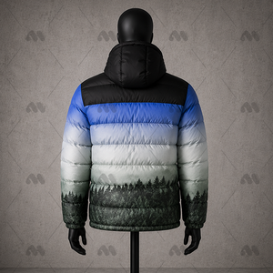 Chaqueta de invierno para hombre, tipo puffer, con cuello alto, capucha, cierre de cremallera, relleno alternativo a plumón, con bolsillo y logotipo personalizado. - Product Image 6