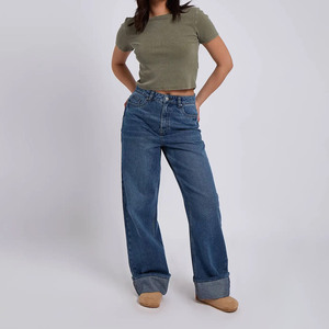 Jeans de mezclilla lavada a la piedra de talle alto y pierna ancha para mujer, talla grande, estilo casual, corte holgado, con botones, color liso, longitud completa - Product Image 3