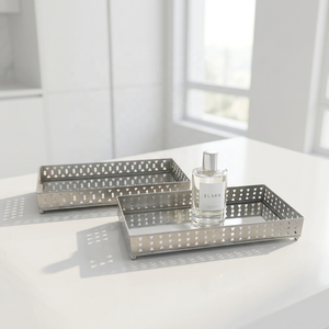 Plateau rectangulaire moderne de luxe en acier inoxydable mat et miroir pour la décoration intérieure - Product Image 1