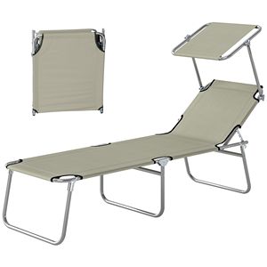 Cream White Outdoor <b>Pool</b> Folding <b>Tanning</b> Lounge Chair with Sun Shade Aluminum Frame and Olefin Cushion for Poolside Use - Product Image 1
