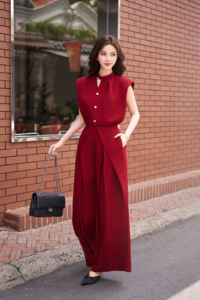 Pantalon large à taille haute rouge pour femme, plis superposés à l'avant, longueur intégrale, couleur unie, style bureau, MIRANDA - Product Image 2
