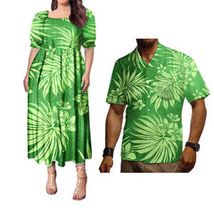 Conjuntos a juego con estampado de hoja de monstera para la familia, camisa hawaiana polinesiana para hombre, conjunto Puletasi para parejas - Product Image 3