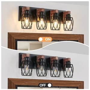 Applique da Parete Industriale Vintage a 4 Luci da 24 Pollici, Nera con Gabbia e Dettagli in Legno, per Illuminazione Bagno, Corridoio, Soggiorno - Product Image 6