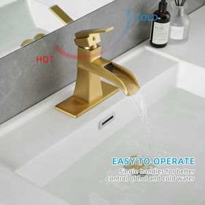 Rubinetto a cascata monocomando in nichel oro per lavabo con scarico a soffietto e tubi di alimentazione, con piastra di copertura per bagno - Product Image 1