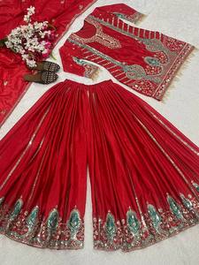 Elegant Red Embroidered <b>Kurta</b> Palazzo Set with Dupatta for Women | Festive Ethnic Wear Salwar Suit - Product Image 5
