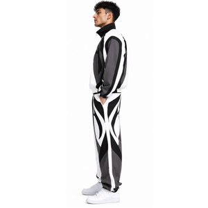 Ensemble de survêtement pour homme noir et blanc à imprimé géométrique, style sportif, en polyester tricoté respirant, pour l'automne, veste à col montant et pantalon - Product Image 5