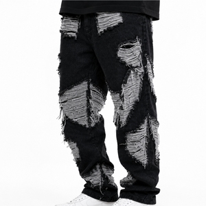 Men Distressed Jeans Black Washed Denim Relaxed Baggy Fit Heavy Ripped Detail Modern Streetwear Style Comfortable Daily Wear - Product Image 4