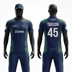 Uniforme de Cricket para Hombre, Malla de Poliéster Premium de 160 GSM, Jersey Deportivo Corto Azul Marino y Verde, Personalizado con Nombre y Número del Equipo en la Parte Delantera, Conjunto Completo - Product Image 1