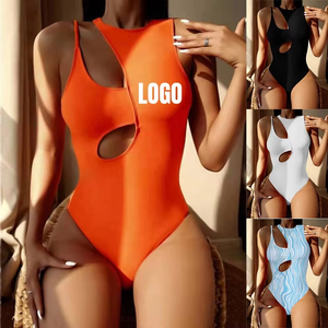 Maillot de bain une pièce pour femme, col en V profond, avec découpes ajourées, taille haute, extensible, couleur unie - Product Image 5