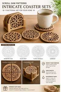 Juego de posavasos de madera con corte intrincado de sierra de calar, diseño floral mandala hueco, para protección de superficies de mesa - Product Image 1