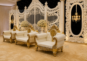 Imperial Palace Asian Wedding Stage Decor Luxury White Gold Royal Wedding Stage <b>Backdrop</b> with Carved Sofa Set & Decorative <b>Frame</b> - Product Image 2