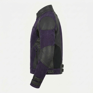 Blouson de moto en jean violet pour homme, style vintage avec empiècements en cuir, col montant, fermeture éclair asymétrique, veste de motard - Product Image 4